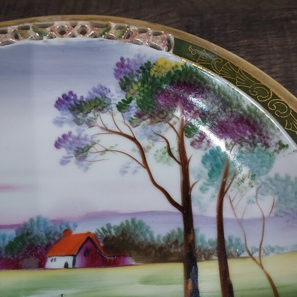 Ucacgo Japan Porclian Plate Landscape Cabin Scene Hand Painted Signed Set Of 2 - Picture 9 of 12